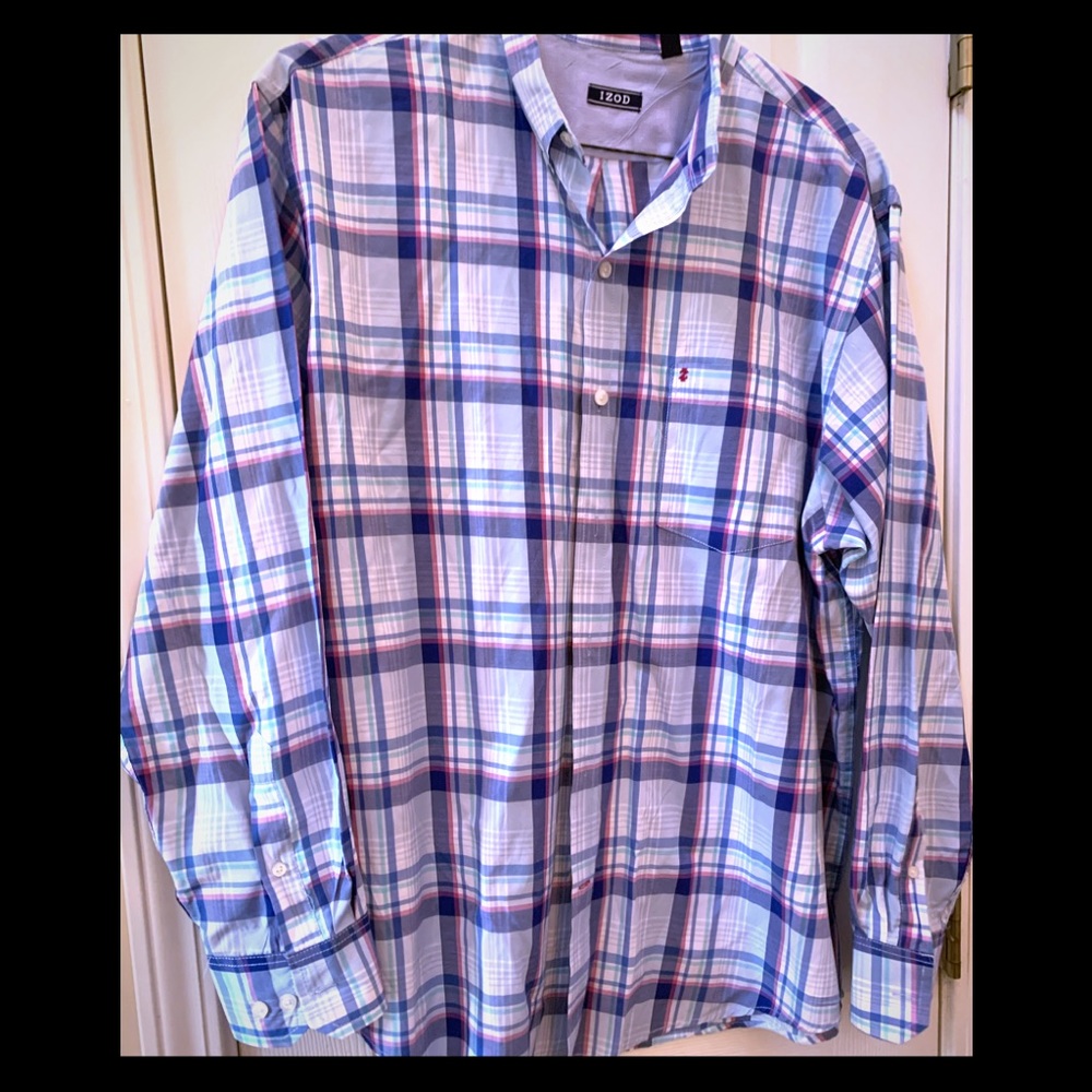 Izod mens button down shirt L blue pink aqua plaid